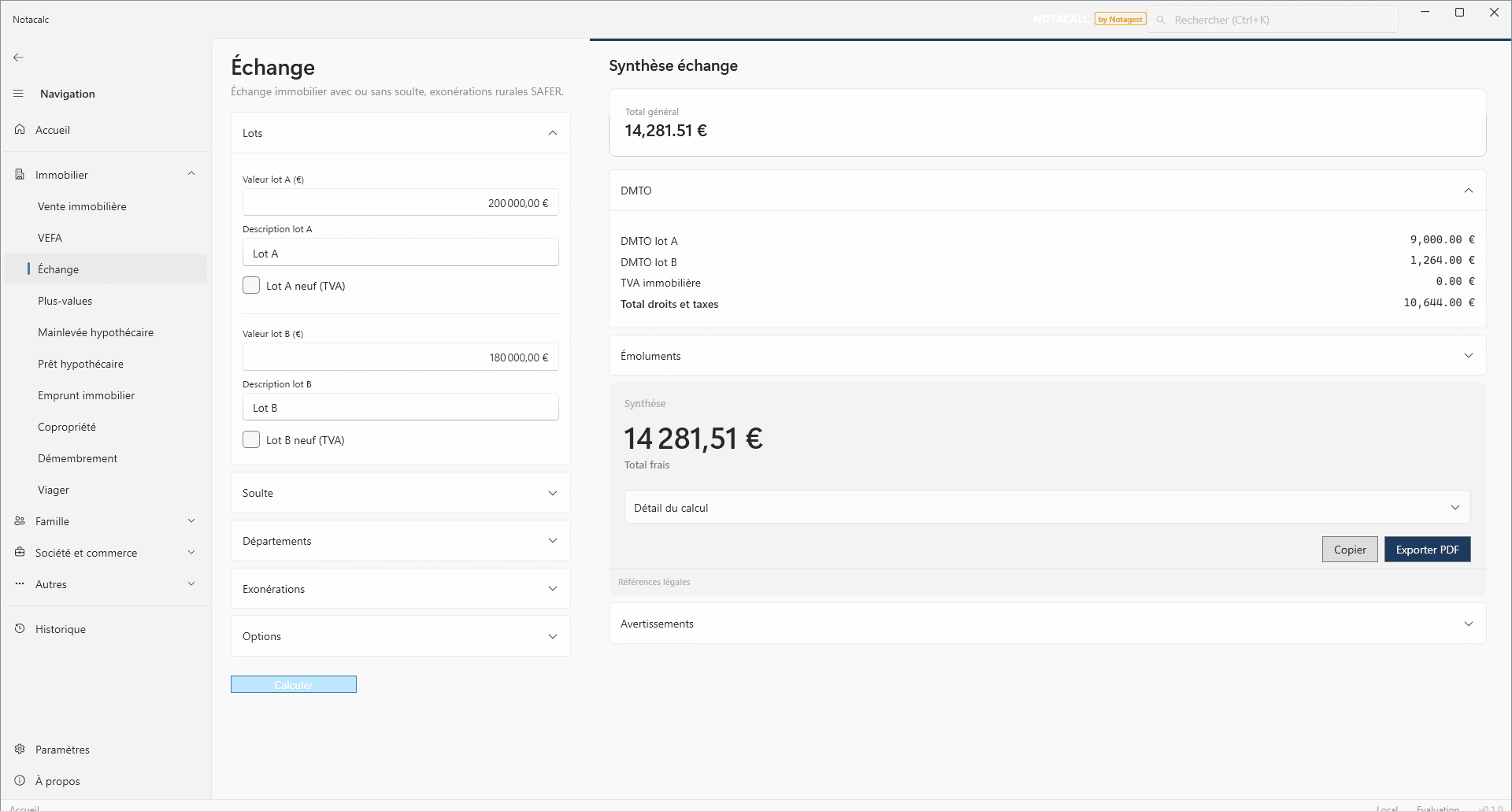 Capture reelle de Notacalc affichant le resultat d'un calcul d'echange immobilier.